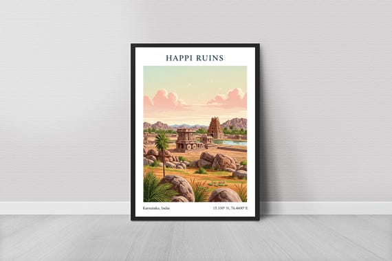 Hampi Ruins Poster Vintage Travel Art Print Pink Sky And Sand Tones