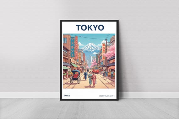 Vintage Tokyo Cityscape Print Japanese Cherry Blossom Travel Poster
