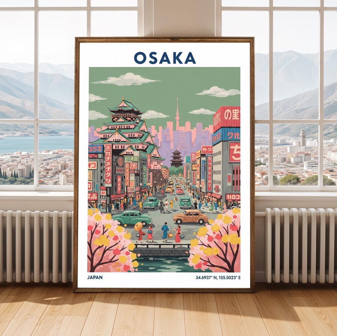 Osaka Japan Castle Dotonbori Neon Street Cherry Blossom Travel Poster