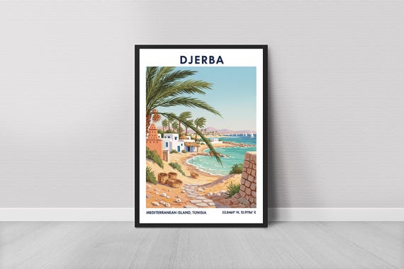 Mediterranean Coastal Art Print Turquoise Sea Village Scene