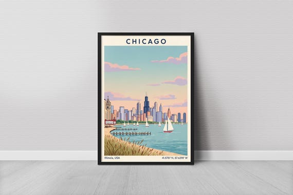 Chicago Art Print Vintage Travel Style Blue Water And Cream Tones