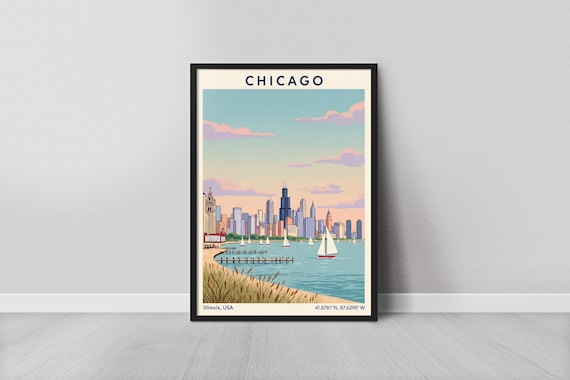 Chicago Illinois Skyline Sailboats Lake Michigan Vintage Travel Poster