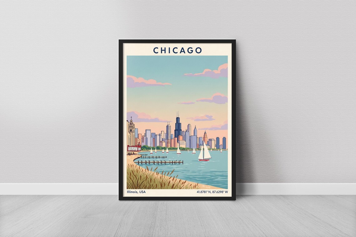 Chicago Illinois Skyline Sailboats Lake Michigan Vintage Travel Poster