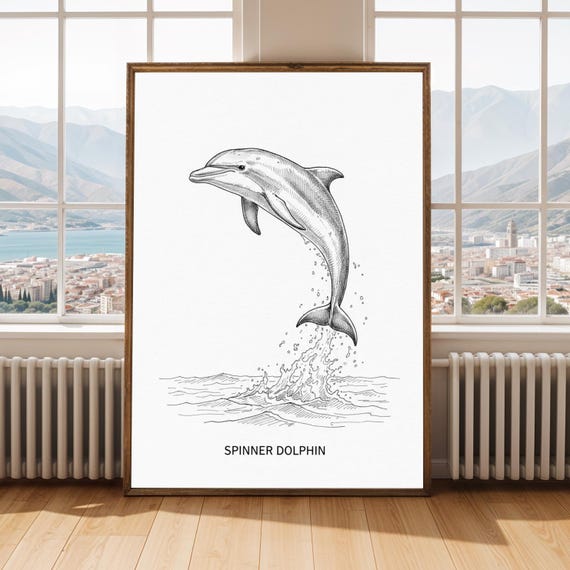Spinner Dolphin Art Print Black And White Ink Sketch Animal Illustration