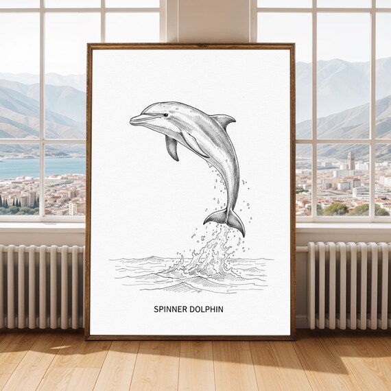 Spinner Dolphin Leaping Black and White Fine Line Illustration Poster