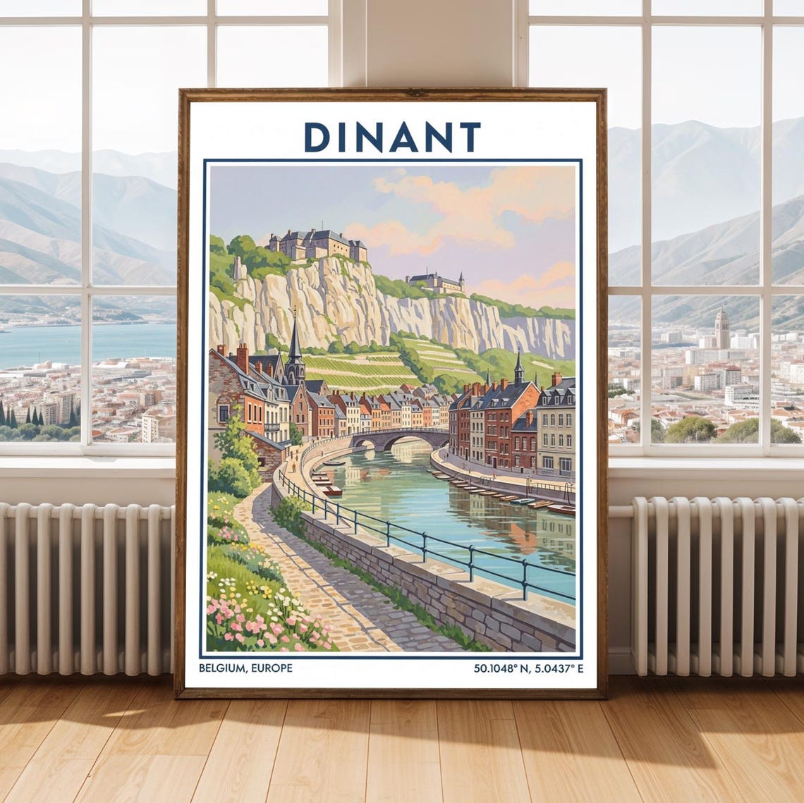 Dinant Belgium Riverfront Citadel Cliff Vintage Travel Poster