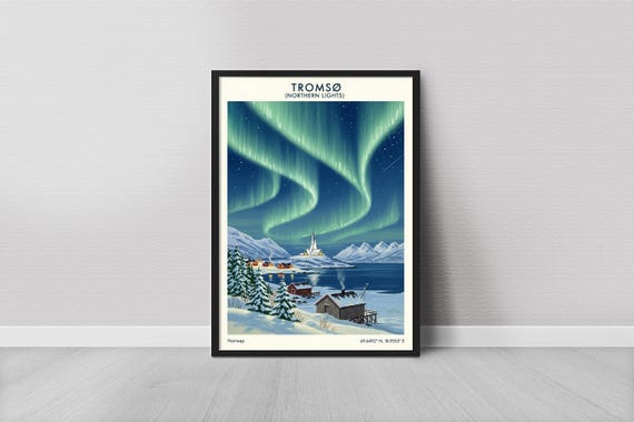 Troms Art Print Minimalist Northern Lights Over Norway Snowy Village Blue And Green