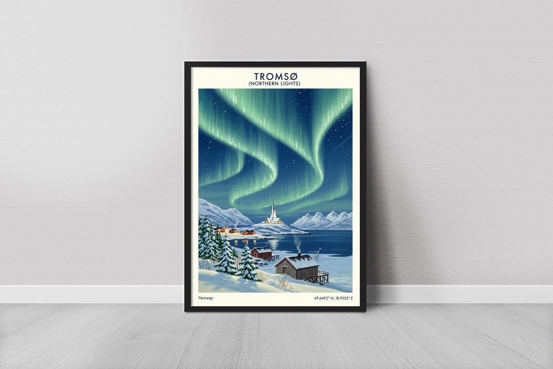 Tromso Northern Lights Norway Arctic Winter Snowy Cabin Poster