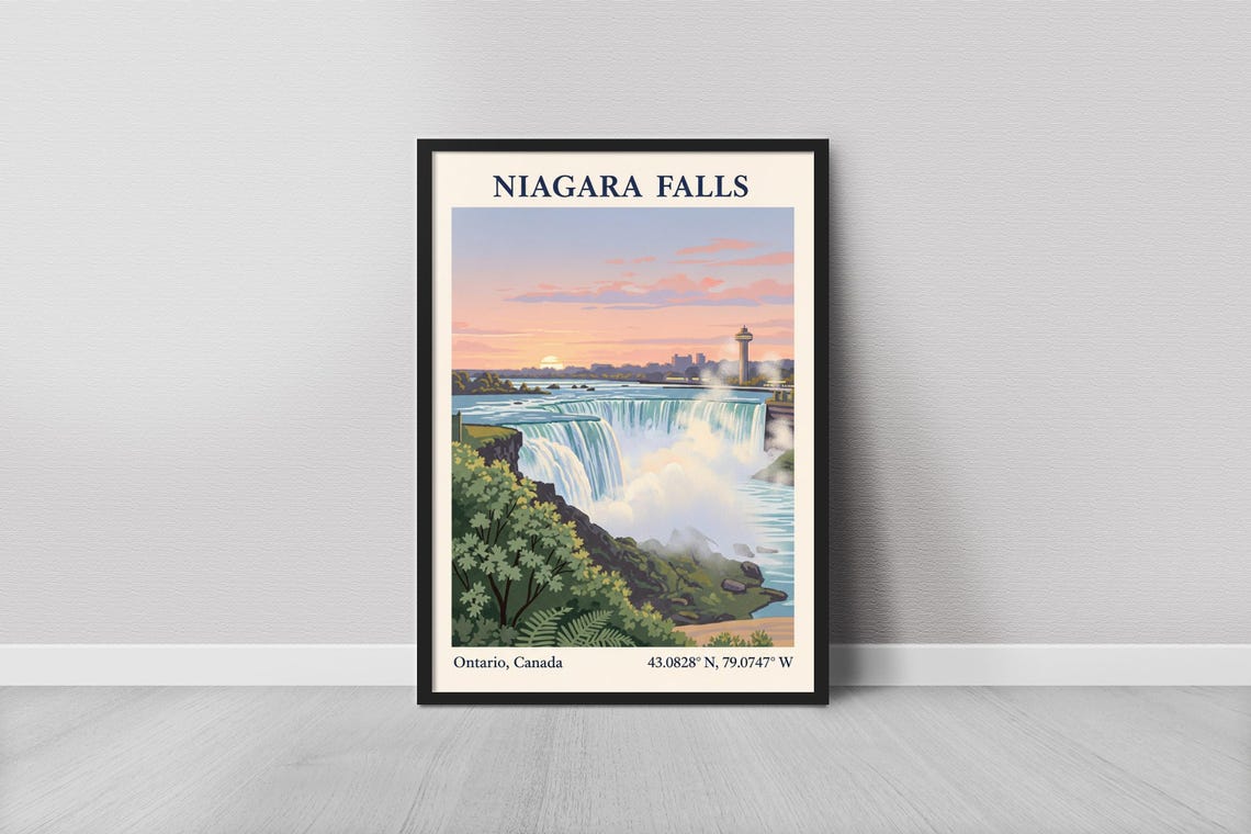 Niagara Falls Ontario Sunset Over Falls Vintage Travel Art Poster