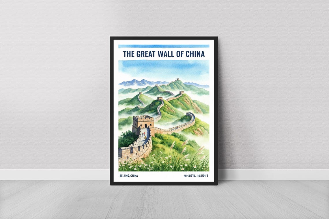 Great Wall Of China Beijing Watercolor Travel Poster Mountain