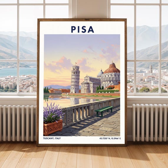 Pisa Travel Poster And Lavender Purple Leaning Tower Of Italian Landmark Contemporary Illustration For Italy Lovers