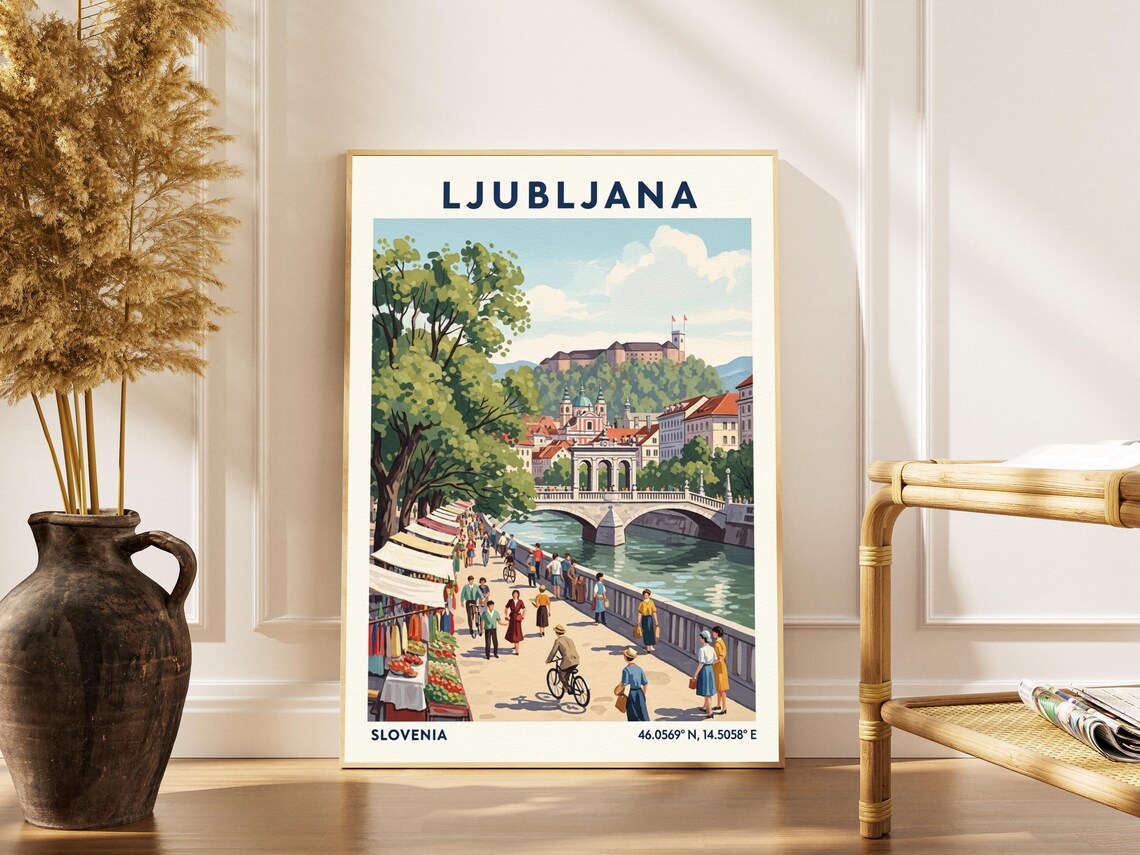 Ljubljana Slovenia Vintage Travel Poster with River and Castle View