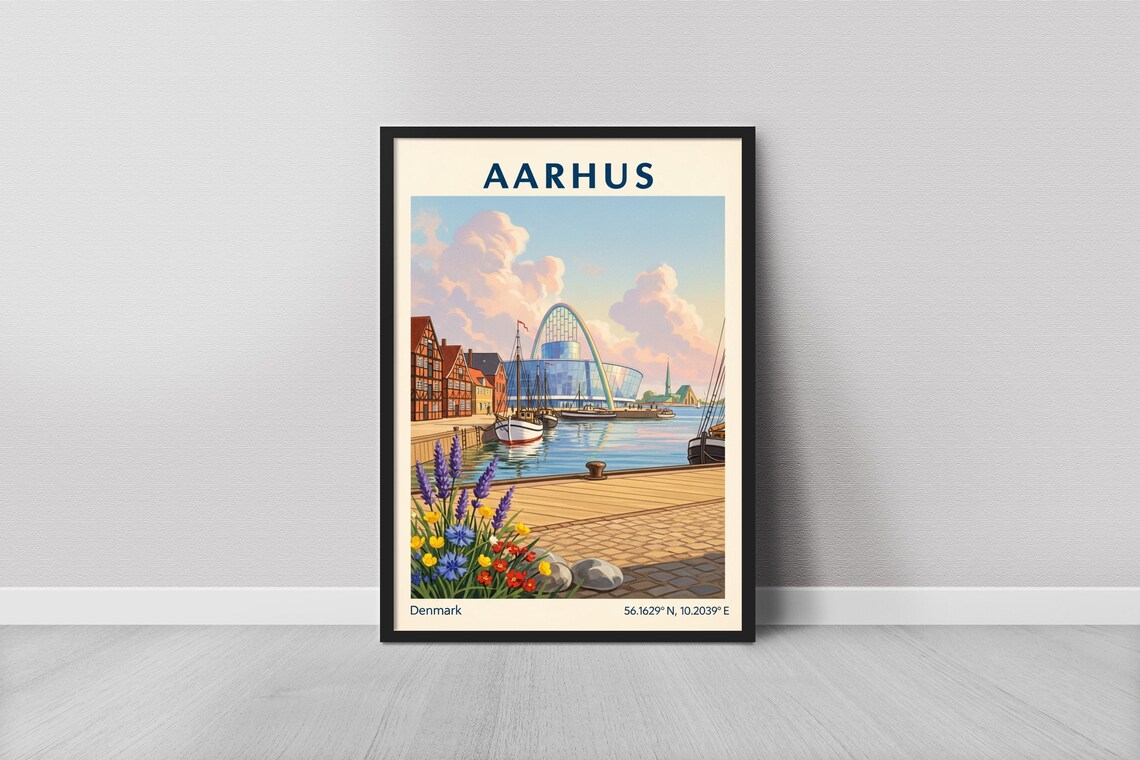 Aarhus Denmark Harbor Cityscape Retro Scandinavian Travel Poster