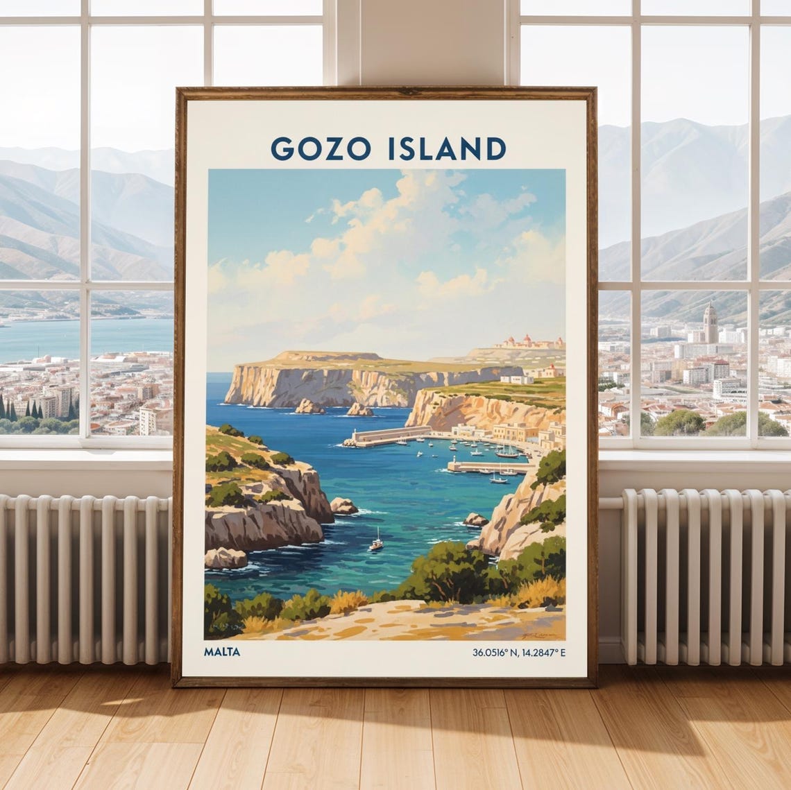Gozo Island Malta Coastal Cliffs Harbor Vintage Travel Poster