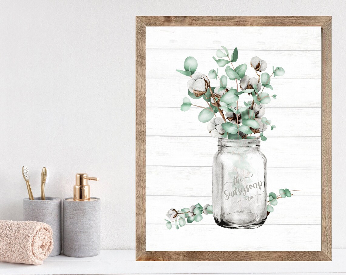 Eucalyptus and Cotton Bouquet in Glass Mason Jar Farmhouse Poster