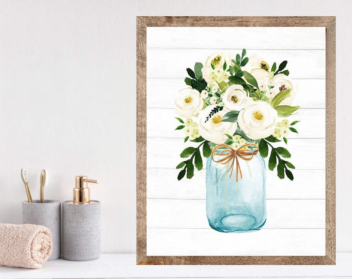 Teal Mason Jar with White Flower Bouquet Watercolor Floral Poster