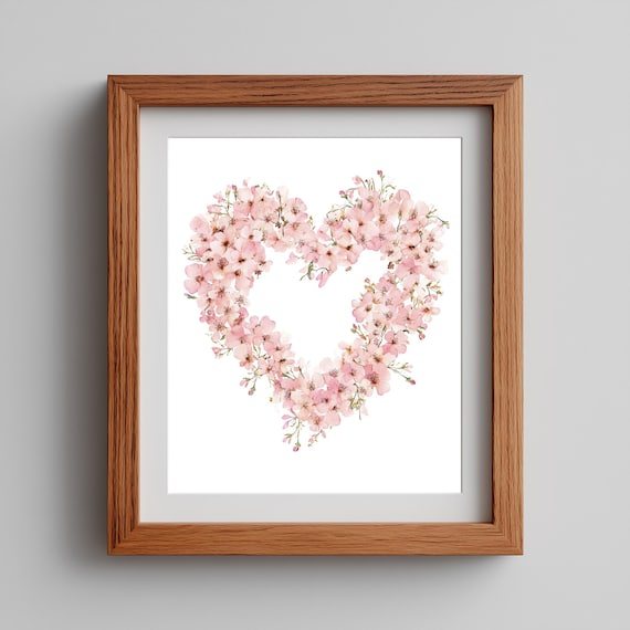 Cherry Blossom Heart Wall Art Romantic Pink Floral Painting Valentines Day Decor Soft Botanical 205