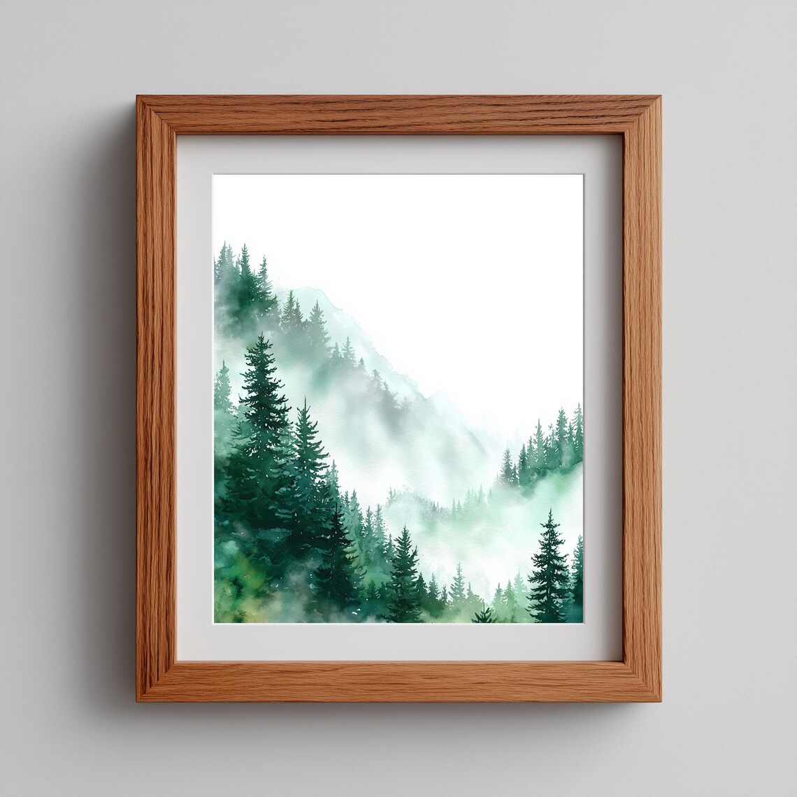Misty Pine Forest Fog Watercolor Mountain Minimalist Nature Poster