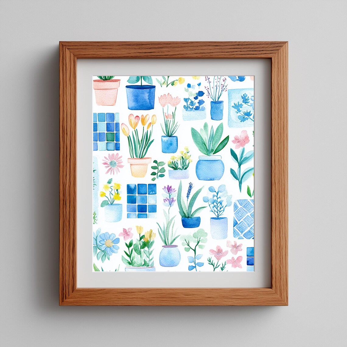 Blue Flower Pot Art Print, Whimsical Cottage Garden