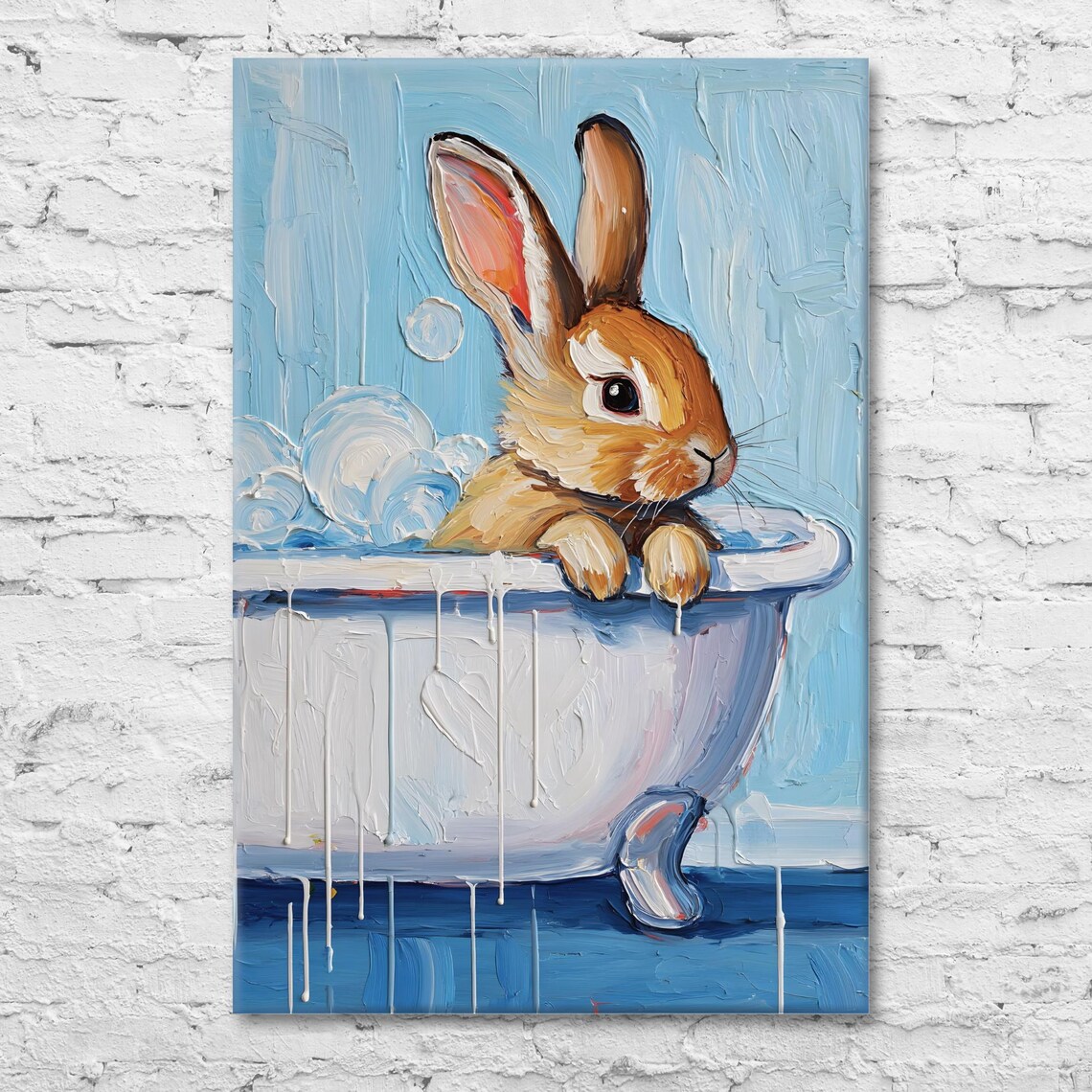 Bunny in Bathtub Bubble Bath Cute Blue Bathroom Nursery Poster - Image 3