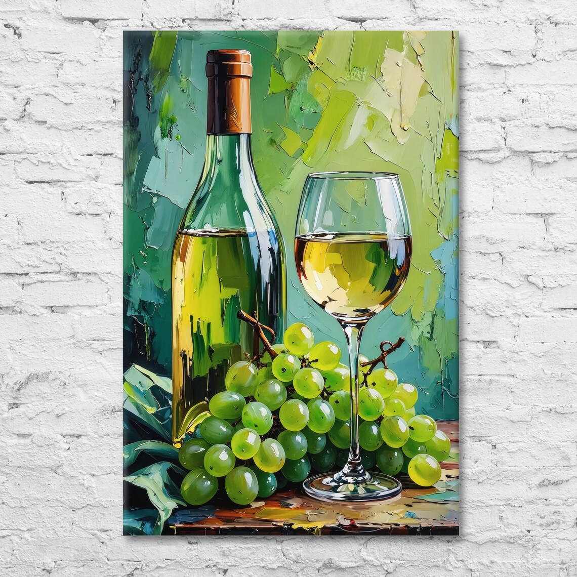 Vibrant Impressionist Wine Bottle and Green Grapes Still Life Poster - Image 2