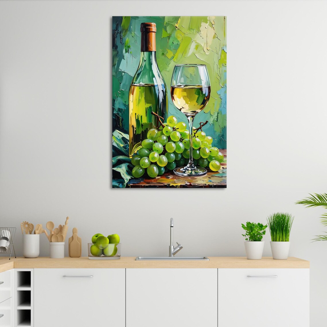 Vibrant Impressionist Wine Bottle and Green Grapes Still Life Poster - Image 3