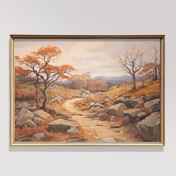 Rocky Hillside Path Autumn Trees Orange Foliage Vintage Poster