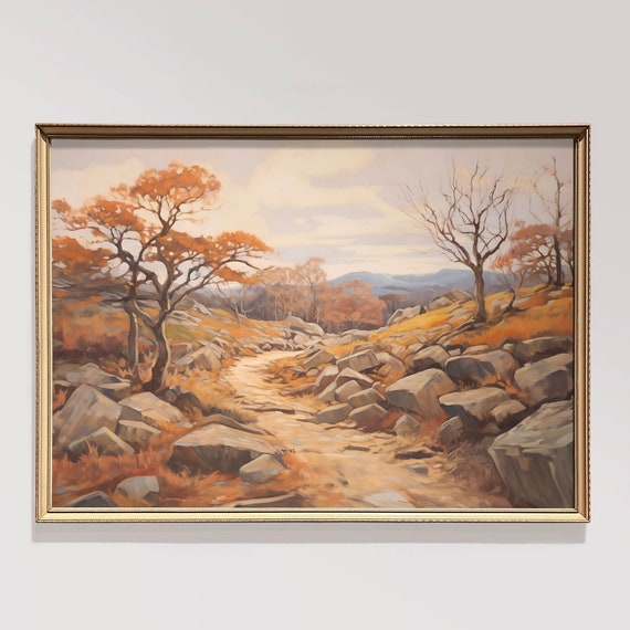 Rustic Fall Landscape Print Vintage Autumn Moody Countryside Painting Farmhouse Decor Antique Fall Wall Print Autumn Landscape