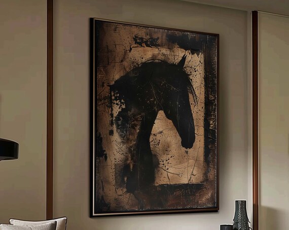 Black Horse Abstract Wabi-Sabi Textured Medieval Style Poster