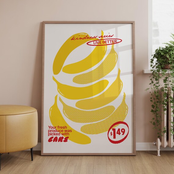 Retro Wall Art Unique Vintage Illustration Graphic Design Poster Fruit Pop Yellow Red