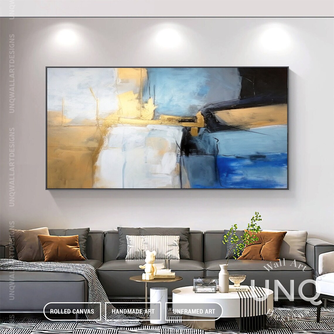 Gold And Blue Geometric Abstract Painting Modern Square Decor Poster - Image 5