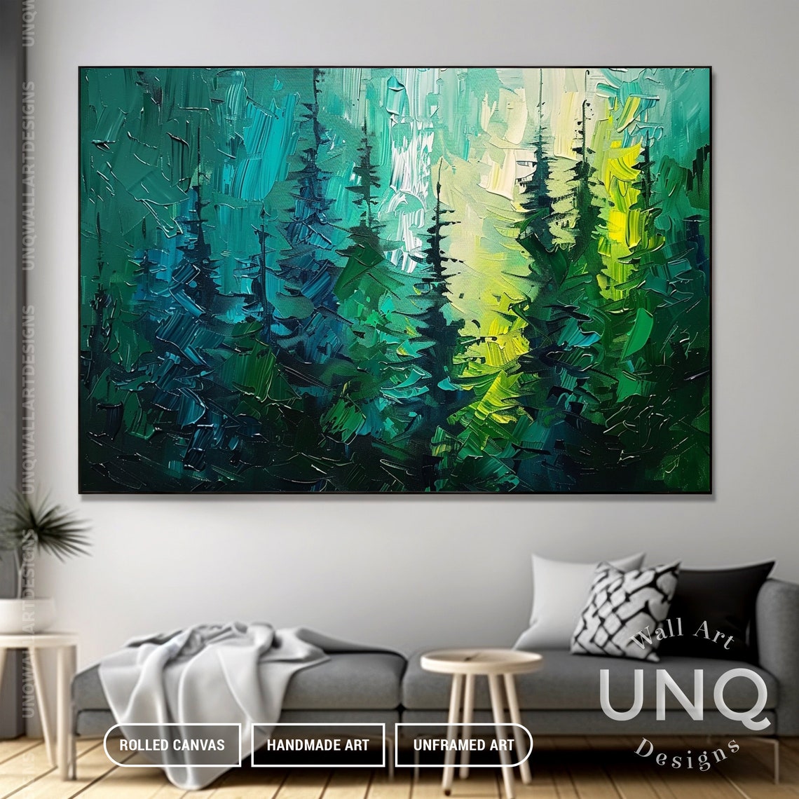 Green Pine Forest Palette Knife Trees Modern Nature Painting Poster - Image 6