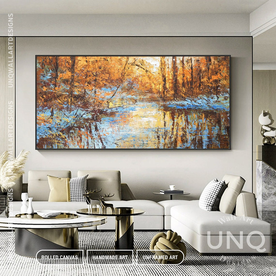 Golden Autumn Forest Lake Reflection Impressionist Painting Art Poster - Image 2