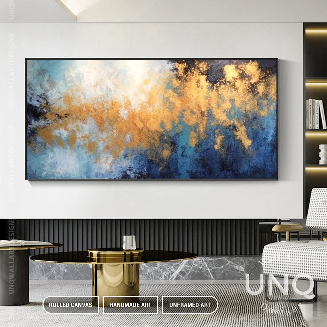 Deep Blue And Gold Cloud Abstract Painting Panoramic Luxury Poster - Image 6
