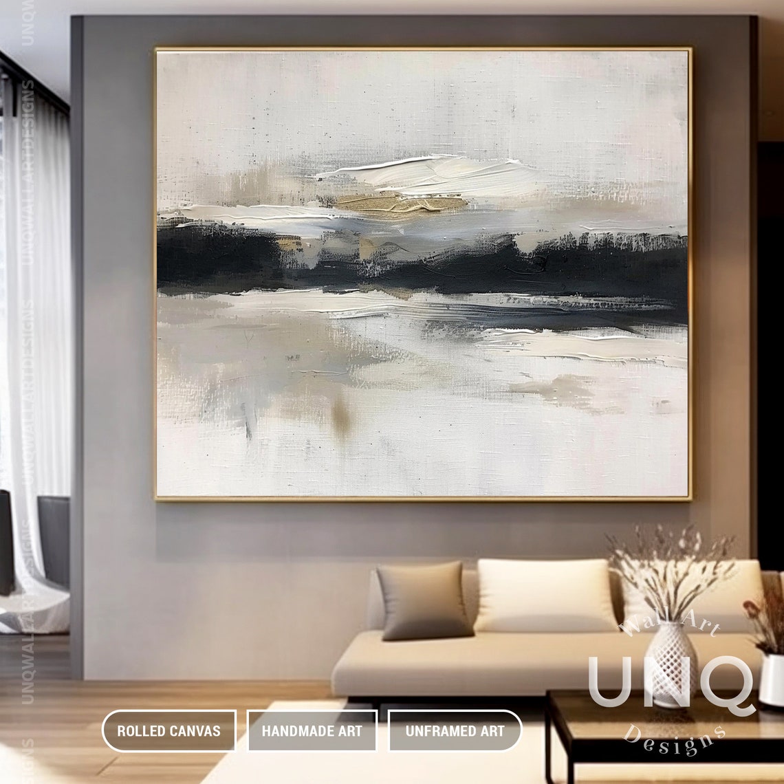 Beige Horizon And Black Band Minimalist Wide Modern Abstract Poster - Image 2