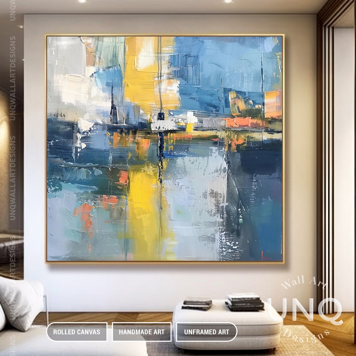 Blue And Yellow Abstract Cityscape Reflections Modern Urban Poster - Image 5