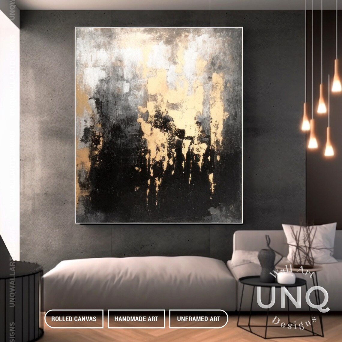 Gold Foil Abstract Art Print, Grey Black Texture - Image 2
