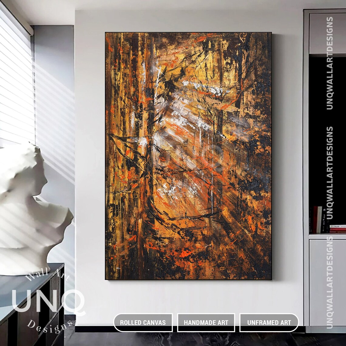 Golden Autumn Forest Abstract Impasto Painting Orange Brown Poster - Image 4