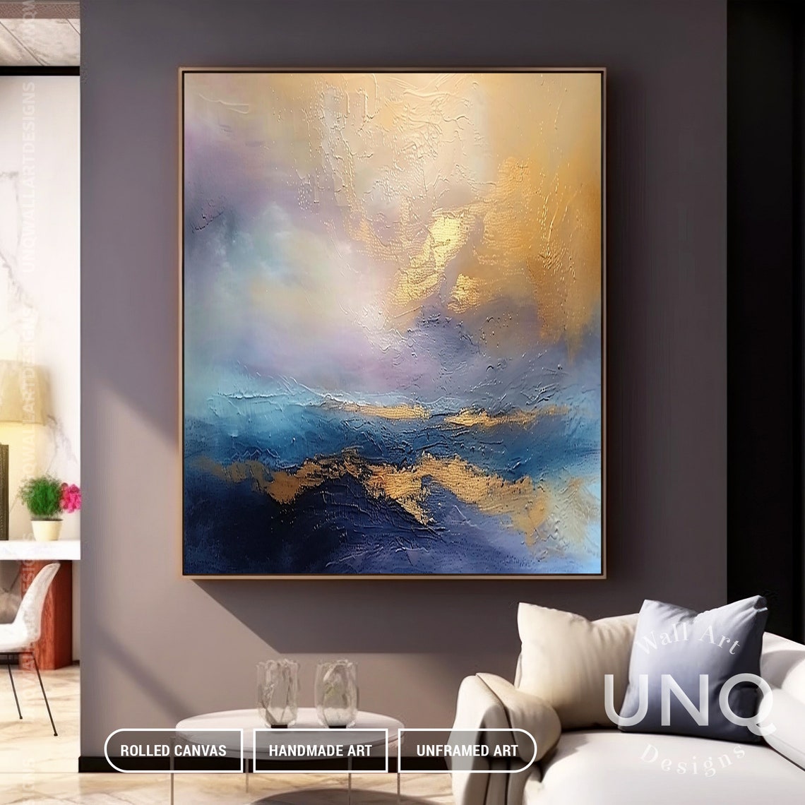 Soft Blue And Gold Ocean Clouds Dreamy Modern Abstract Art Poster - Image 4