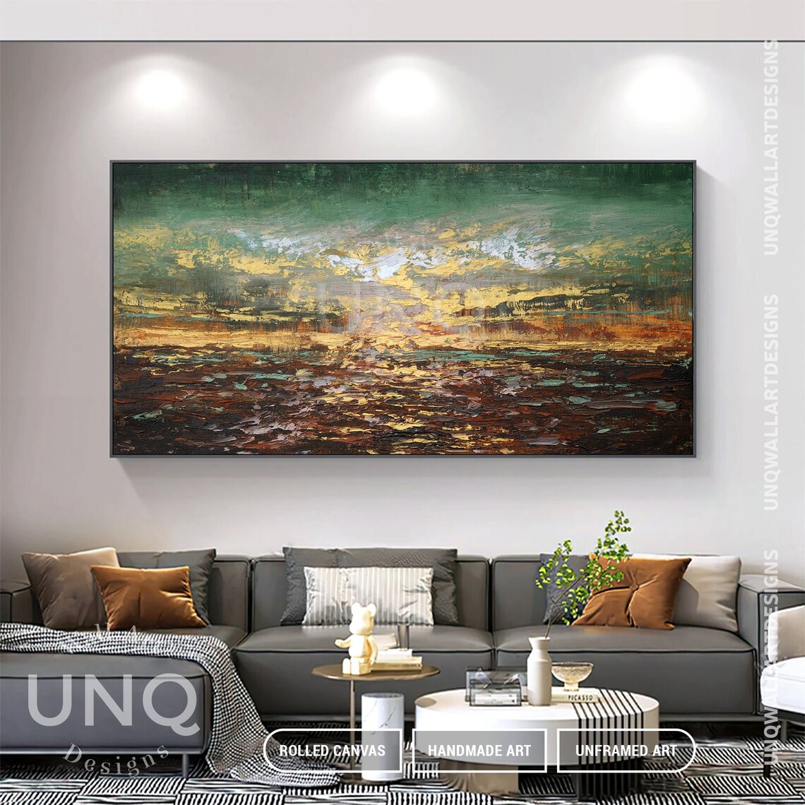 Green And Gold Abstract Landscape Dusk Textured Painting Decor Poster - Image 5