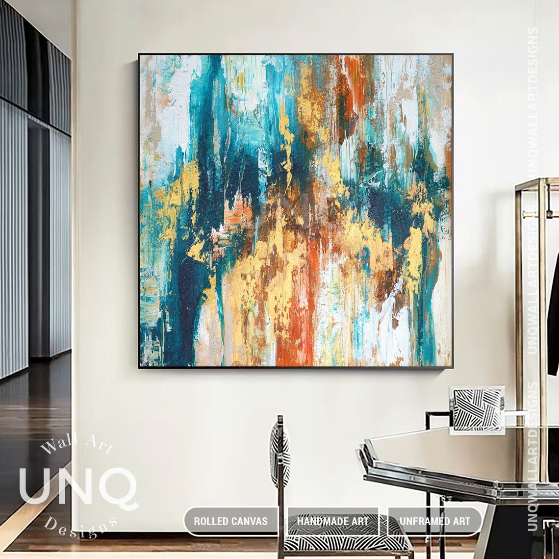 Teal Blue Orange And Gold Bold Impasto Modern Abstract Art Poster - Image 3