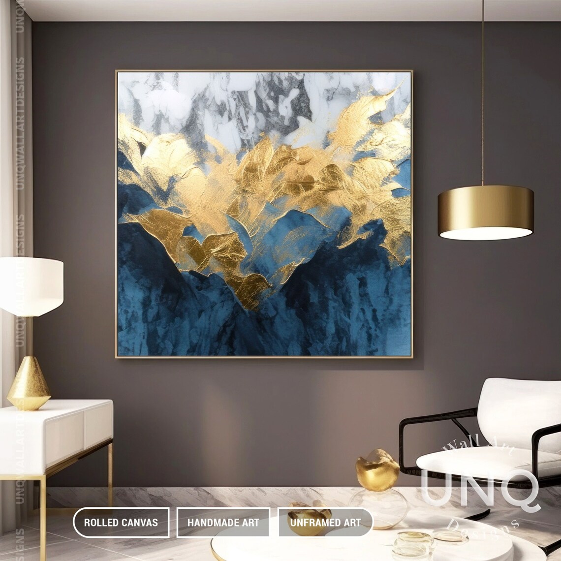Blue Gold Leaf Abstract Art, Grey Gold Texture Print - Image 2