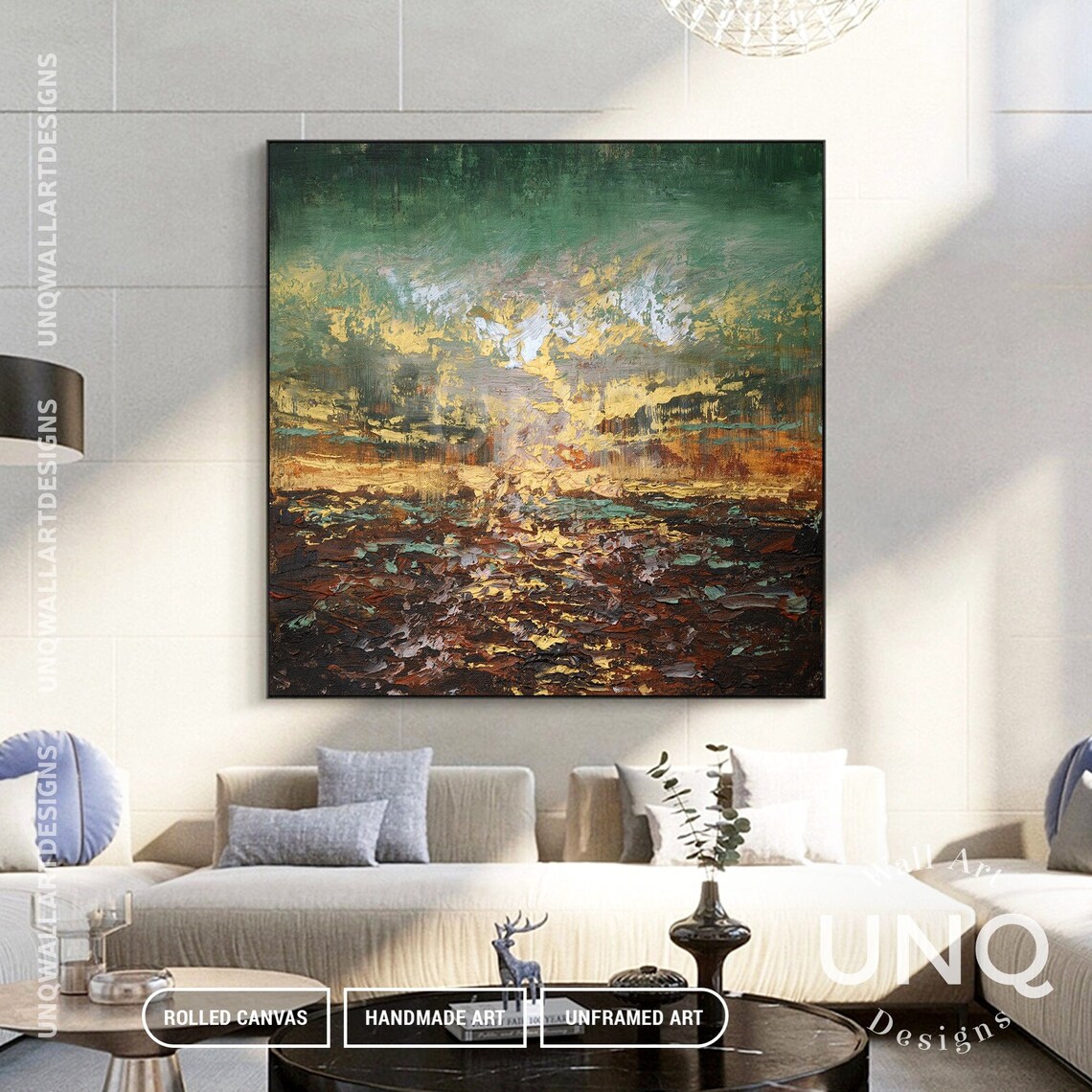 Green And Gold Abstract Landscape Dusk Textured Painting Decor Poster - Image 6
