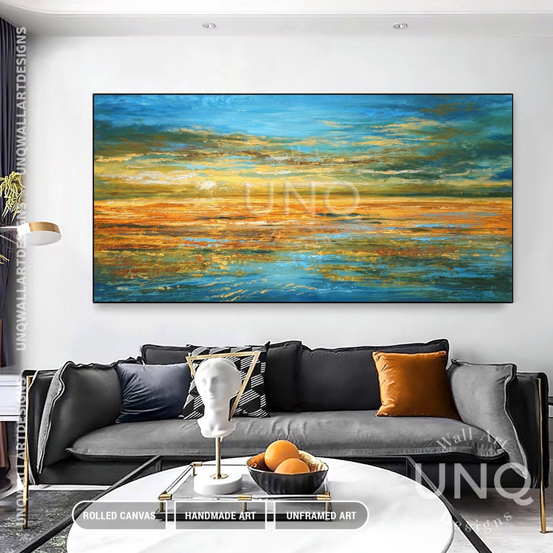 Golden Sunset Over Ocean Panoramic Impasto Seascape Painting Poster - Image 3