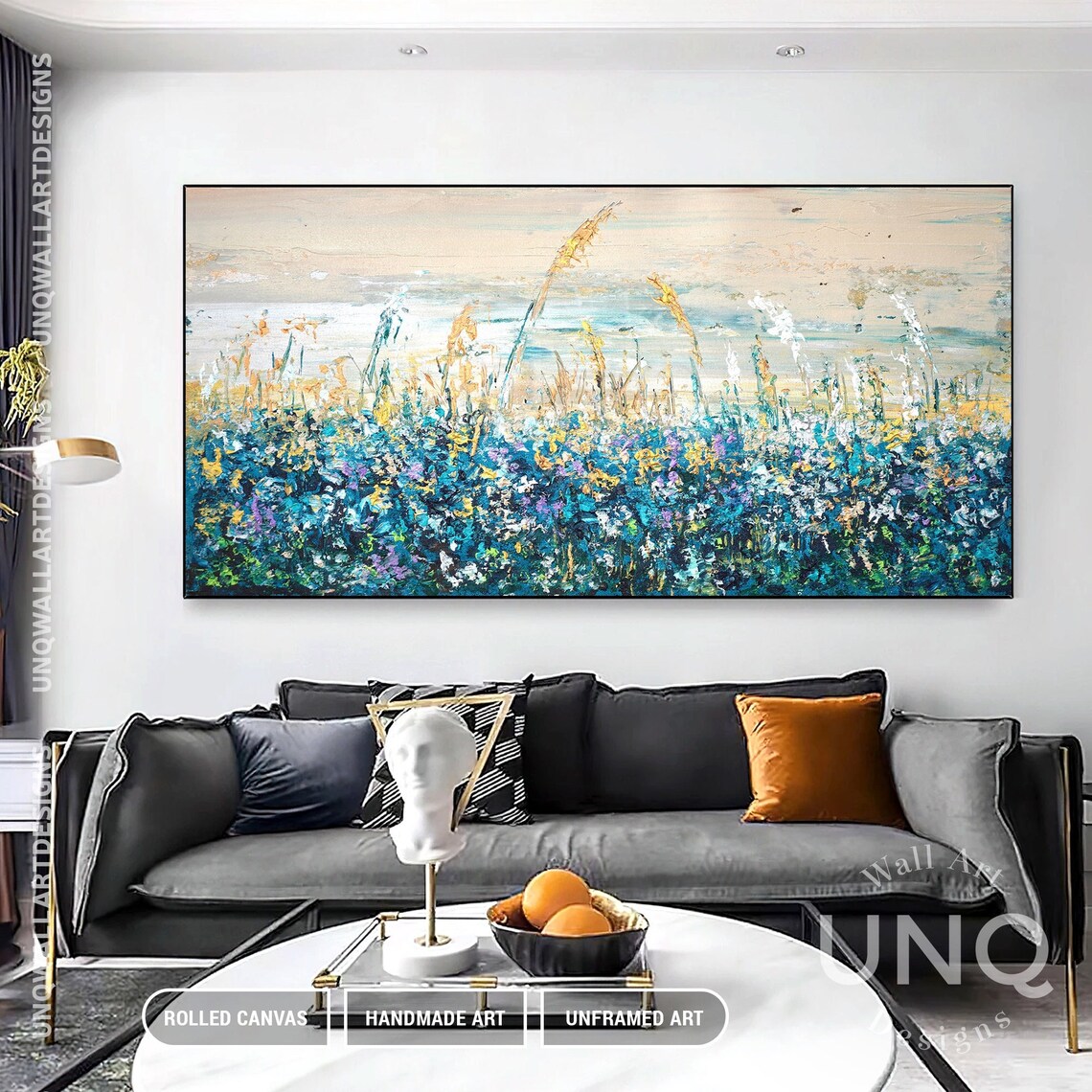 Blue Lavender Wildflower Meadow Oil Painting Golden Grass Field Poster - Image 3