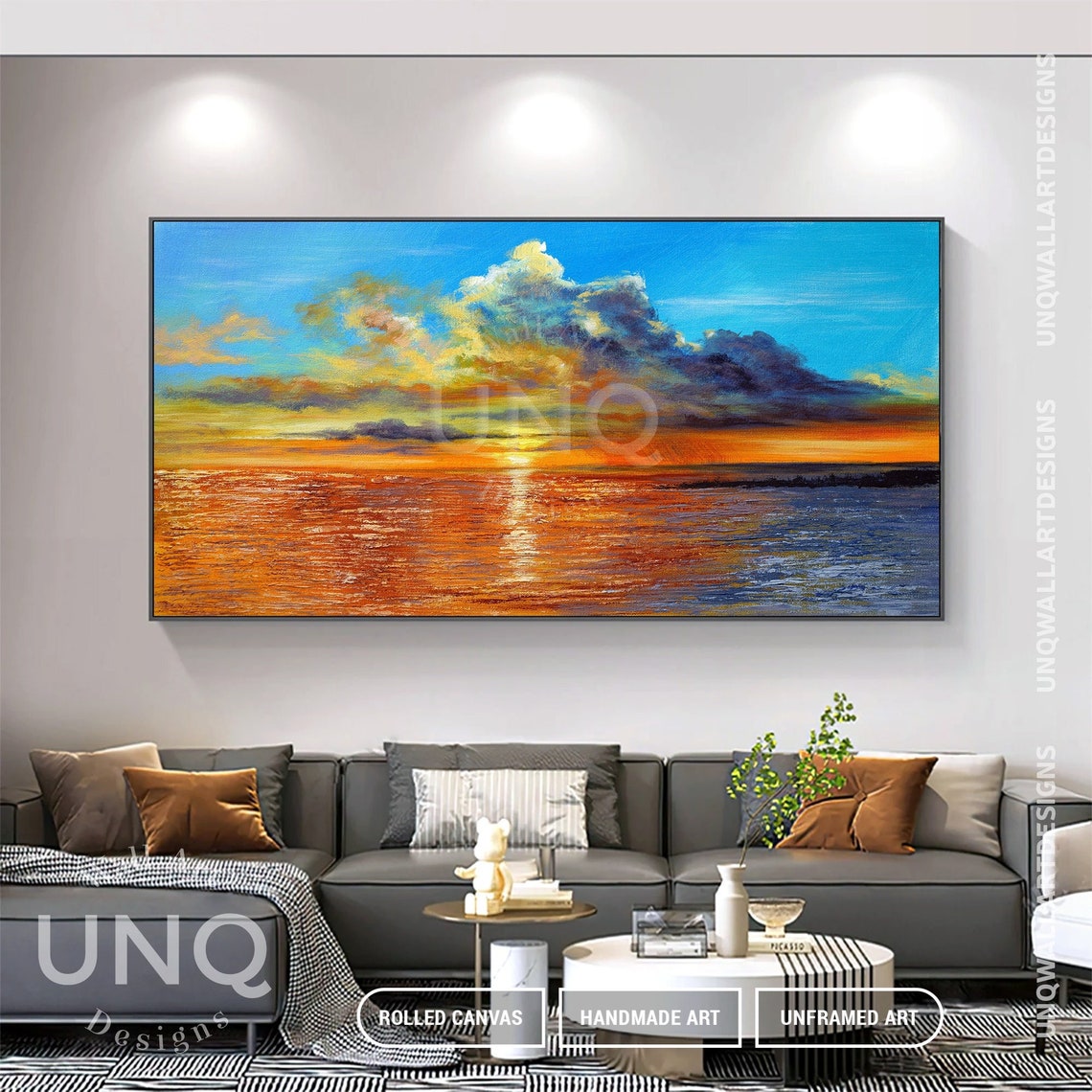 Golden Ocean Sunset Over Sea Dramatic Clouds Impasto Painting Poster - Image 6