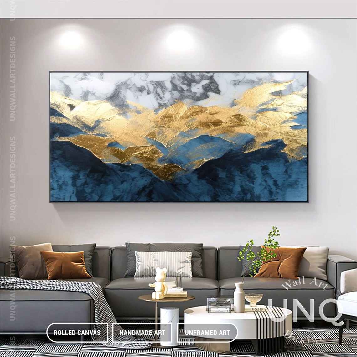 Blue Gold Leaf Abstract Art, Grey Gold Texture Print - Image 7