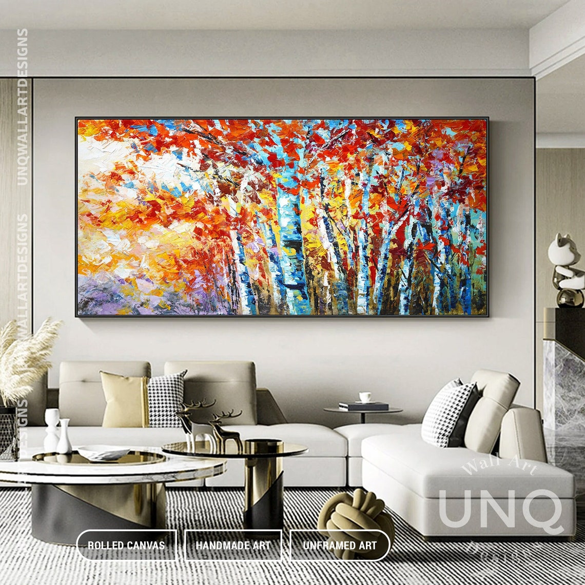 Autumn Birch Tree Forest Palette Knife Painting Red Orange Poster - Image 2