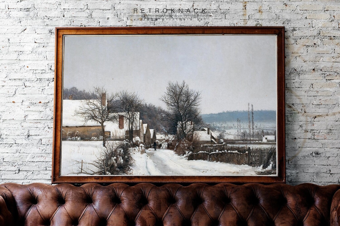Snowy Winter Village Oil Painting Snow Covered Cottages Vintage Poster - Image 2