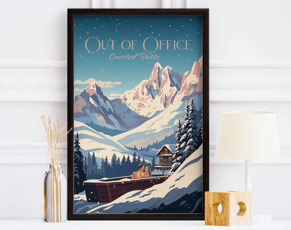 Retro Apres Ski Poster Out Of Office Newspaper Magazine Print Vintage Bar Cart Art Winter Wall Art European Ski Art Ski Lodge Print